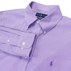Polo Ralph Lauren Mens L 16.5 Purple Gingham Check Cotton Stretch Fit LS Shirt